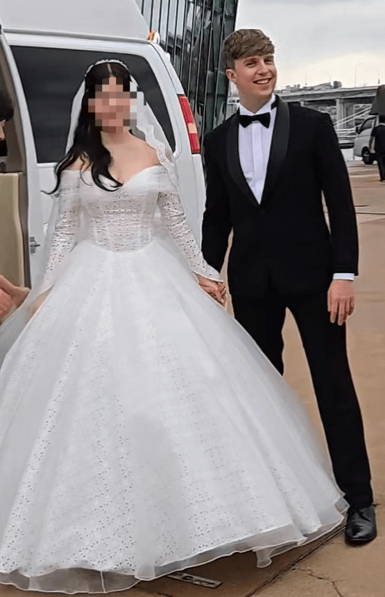 people-A-bride-A-groom-A-wedding-dress-B-tuxedo-B-holding-hands-C-smiling