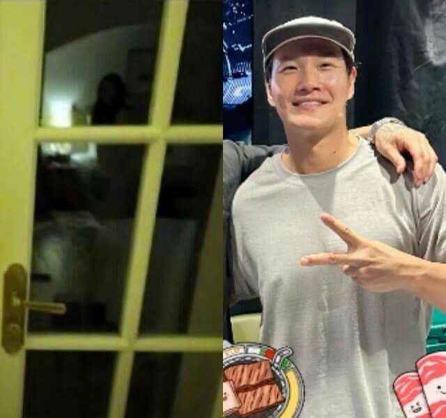 people-1-Asian man smiling and making a peace sign-A-door with glass panes showing a blurry figure inside-B-cartoon illustration of grilled meat on a plate-C-casual clothing-D-outdoor or brightly lit setting