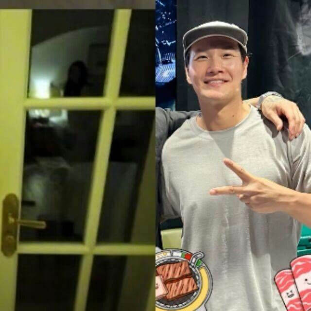 people-1-Asian man smiling and making a peace sign-A-door with glass panes showing a blurry figure inside-B-cartoon illustration of grilled meat on a plate-C-casual clothing-D-outdoor or brightly lit setting