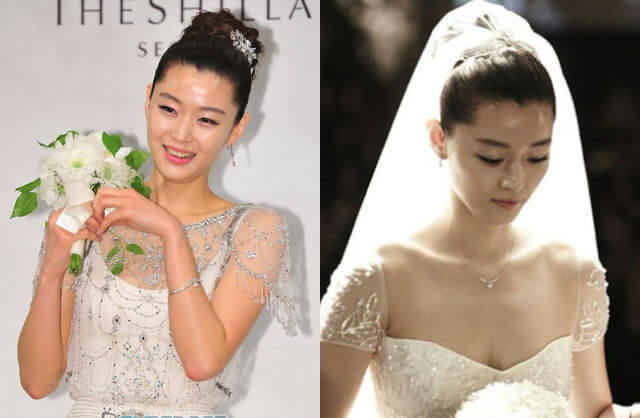 people-Korean actress Jun Ji-hyun (Gianna Jun)-A-wedding dress-A-bridal bouquet-B-smiling (left image)-B-veiled (right image)-C-headpiece/hair accessory