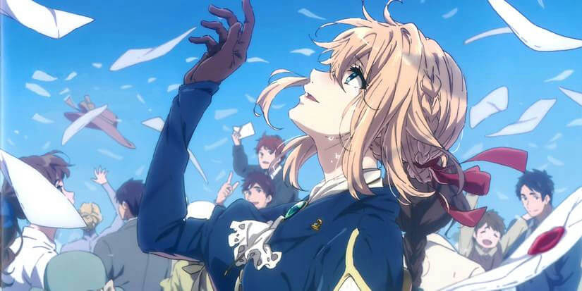 people-Violet Evergarden-anime-celebration-blue sky-letters flying