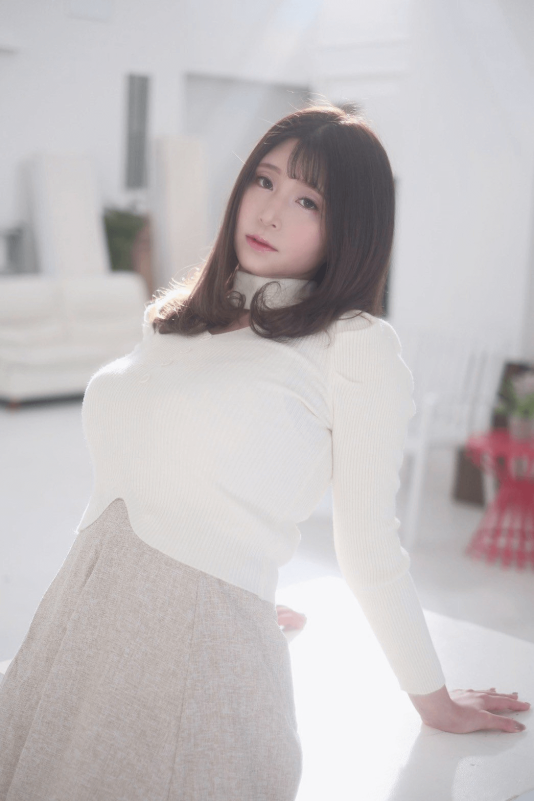 people-woman-A-white turtleneck sweater-A-long brown hair-A-light beige skirt-A-bright lighting