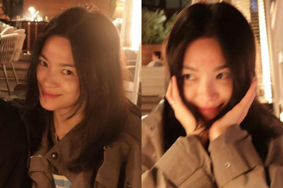 people-Song Hye-Kyo-A-smiling-A-casual-A-dark hair-A-outdoor dining-A-jacket