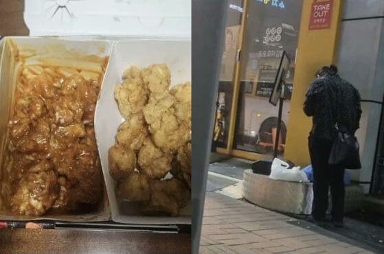 Korean delivery worker eating customer food