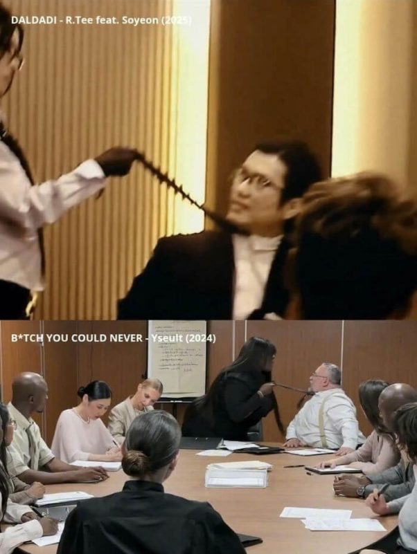 people-woman pulling man's tie in meeting-man having tie pulled-woman in black suit pulling man's tie-people sitting around table-meeting room-conference table