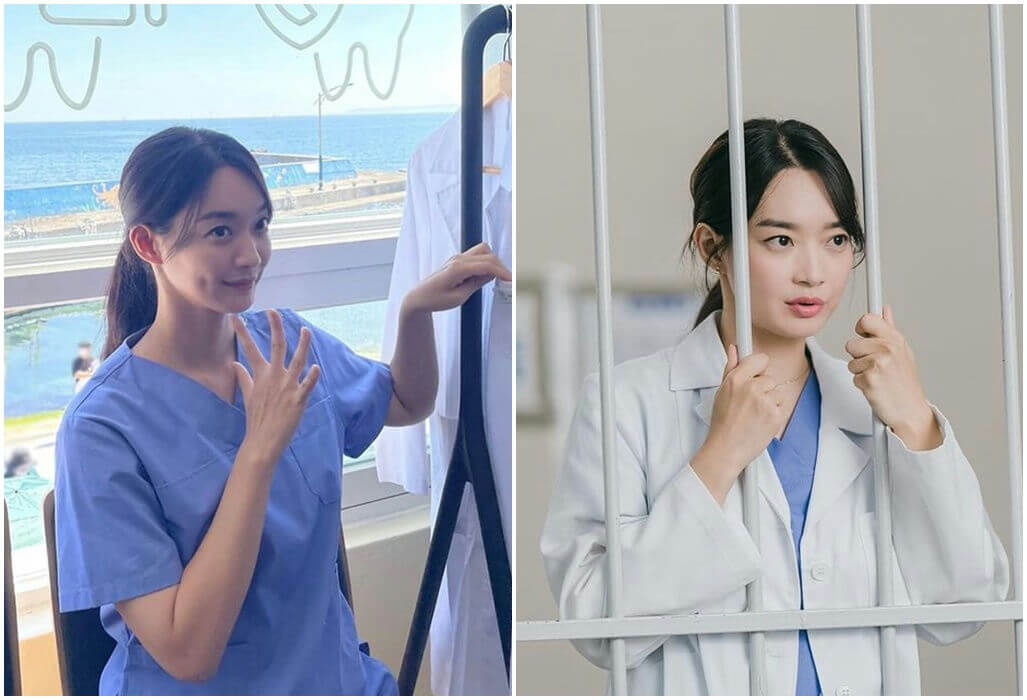 people-Shin Min-a-two-looks-blue-scrubs-white-lab-coat-behind-bars