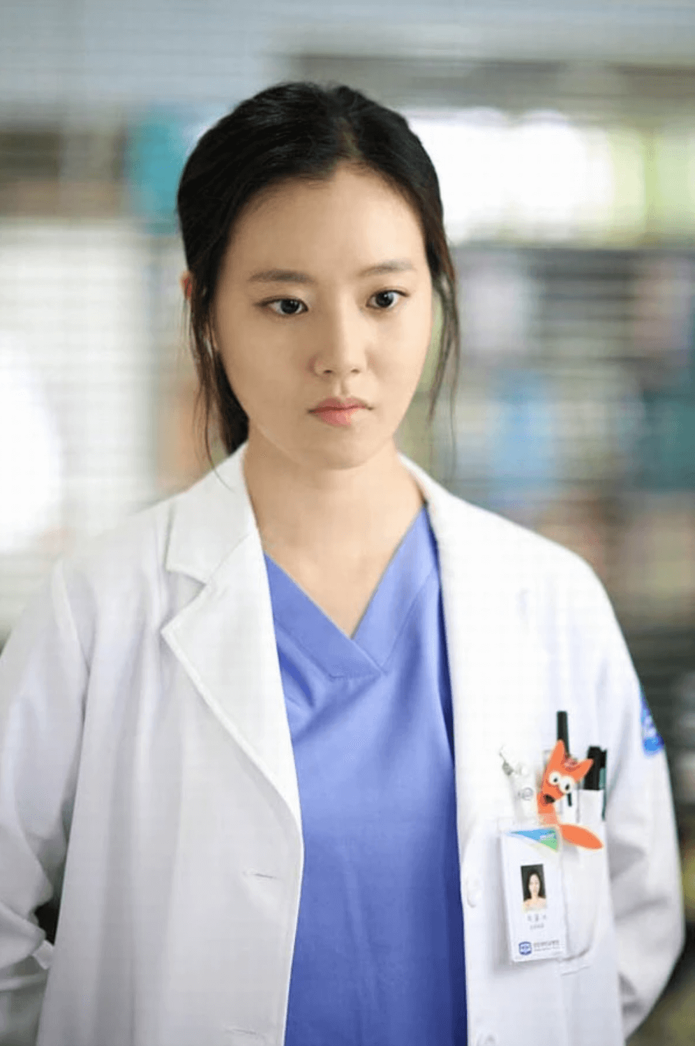 people-woman-doctor-white lab coat-blue scrubs-ID badge-fox clip