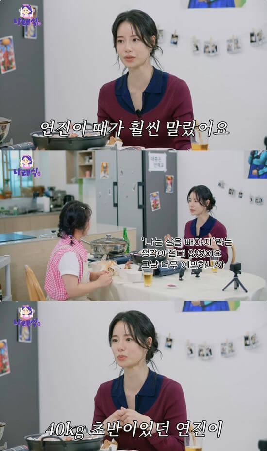 people-woman in maroon top and navy collar-speaking-woman in pink and white gingham top-eating-kitchen setting-indoor