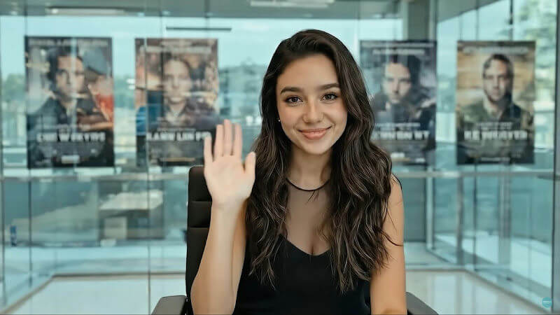 people-1-woman-A-waving-A-smiling-A-dark hair-B-black top-C