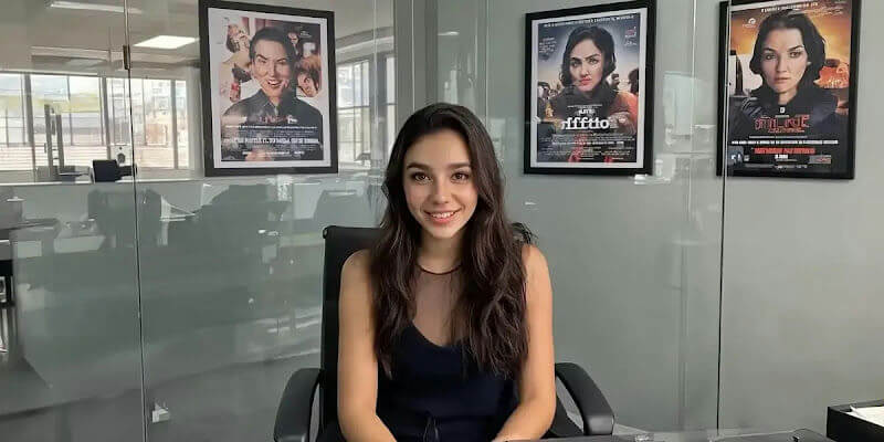 people-one young woman-sitting-office-movie posters on wall-glass partition