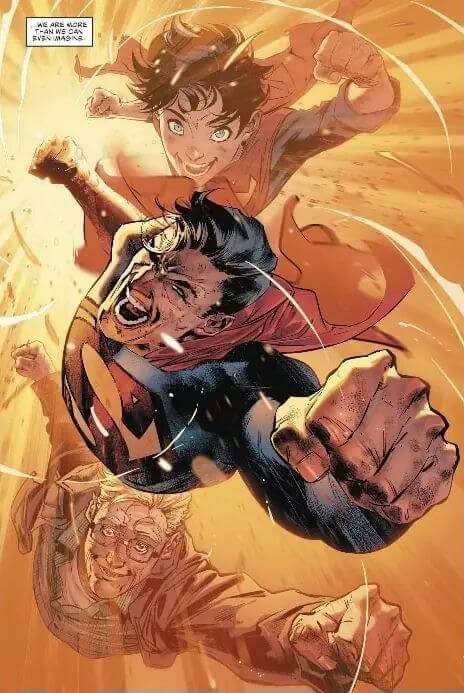 people-Superman (and family)-flying-intense effort-Jon Kent (Superboy)-joyful expression-Jonathan Kent (or similar older male)-protective positioning