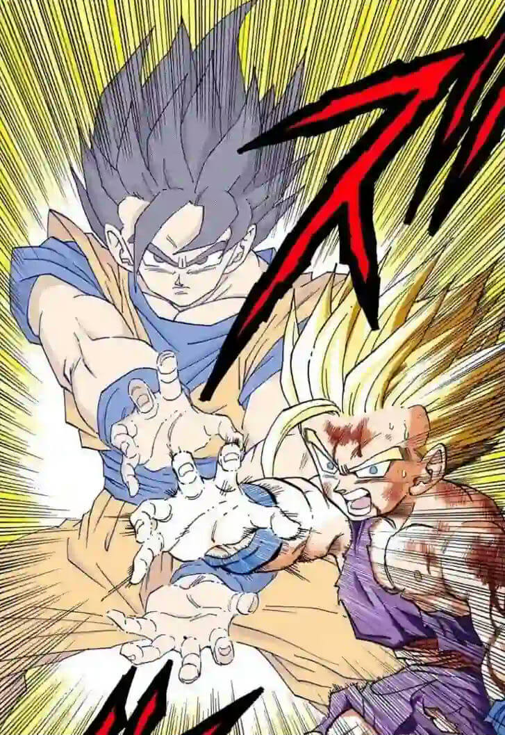 people-Goku (in grey hair/SSG/SSB like form)-reaching out-Gohan (as Super Saiyan)-injured-fighting-Dragon Ball Z