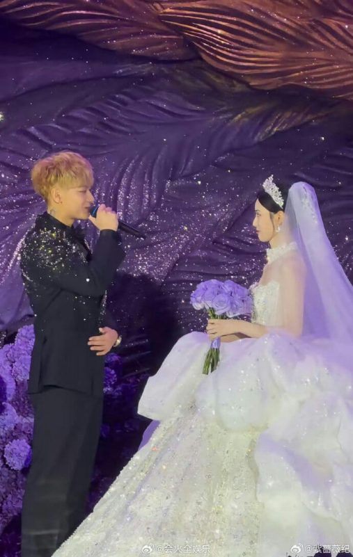 people-A-groom singing-A-bride in white dress-A-purple wedding theme-A-sparkly backdrop