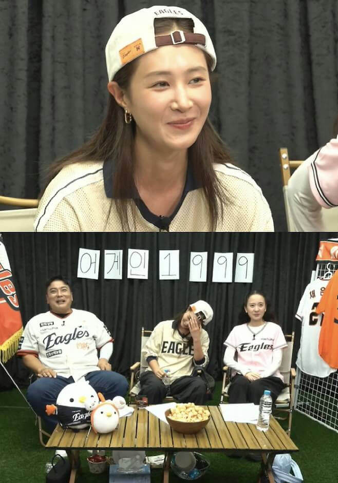 people-woman wearing white baseball cap and beige mesh top-smiling-woman wearing Hanwha Eagles jersey-laughing-woman wearing pink Hanwha Eagles shirt-sitting at table-Korean text 