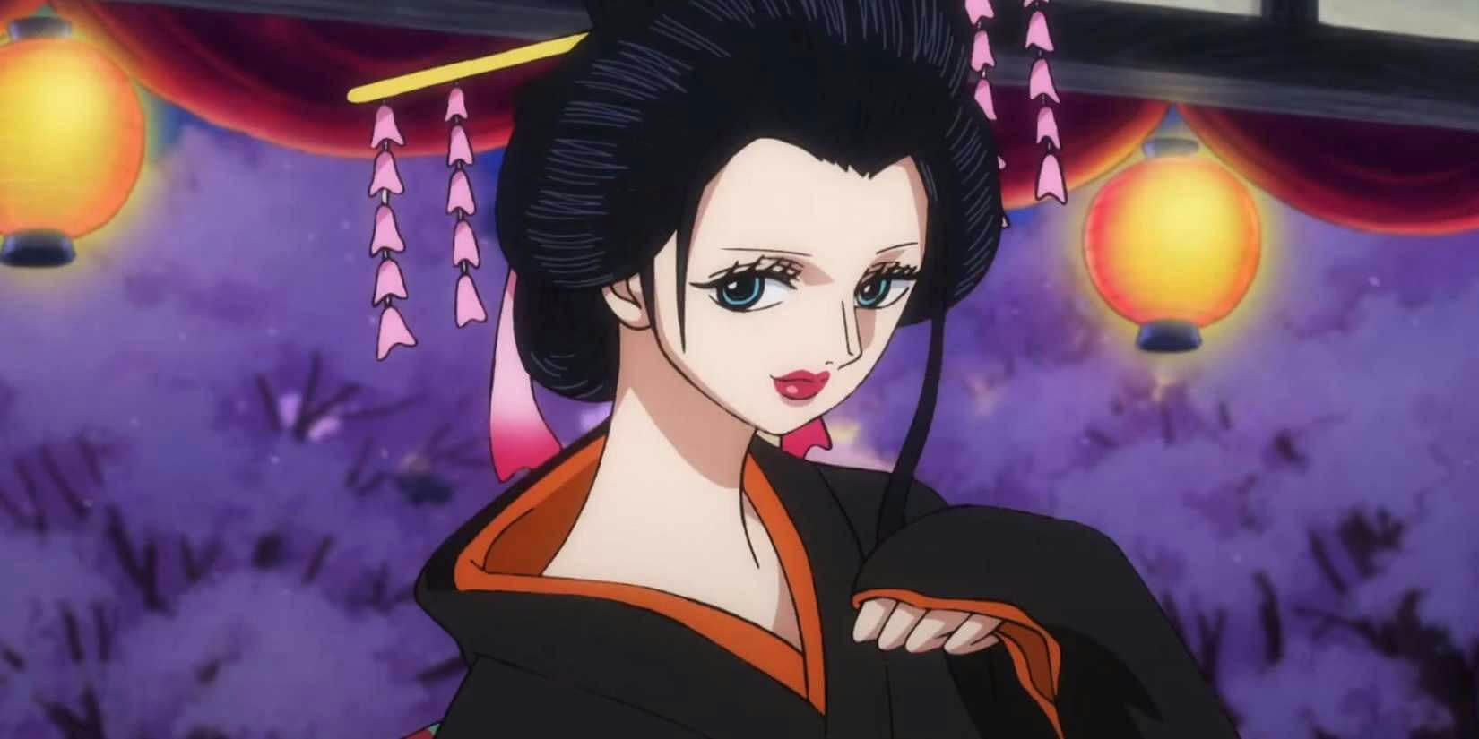 people-Nico Robin-A-anime-A-Japanese attire-A-Oiran disguise-A-lanterns-B-black and orange kimono-B-Wano Country arc