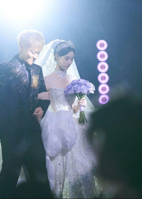 people-bride and groom-wedding attire-purple roses-glittering dress-tiara and veil