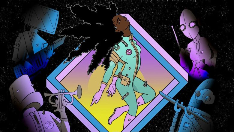 people-woman in spacesuit-A-robot musicians-A-sci-fi-B-cosmic jazz-C