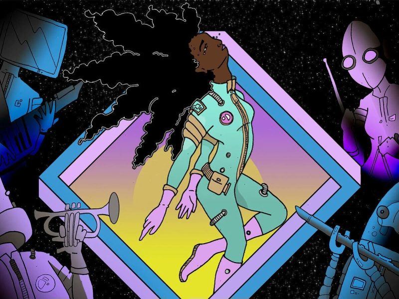 people-woman in spacesuit-A-robot musicians-A-sci-fi-B-cosmic jazz-C