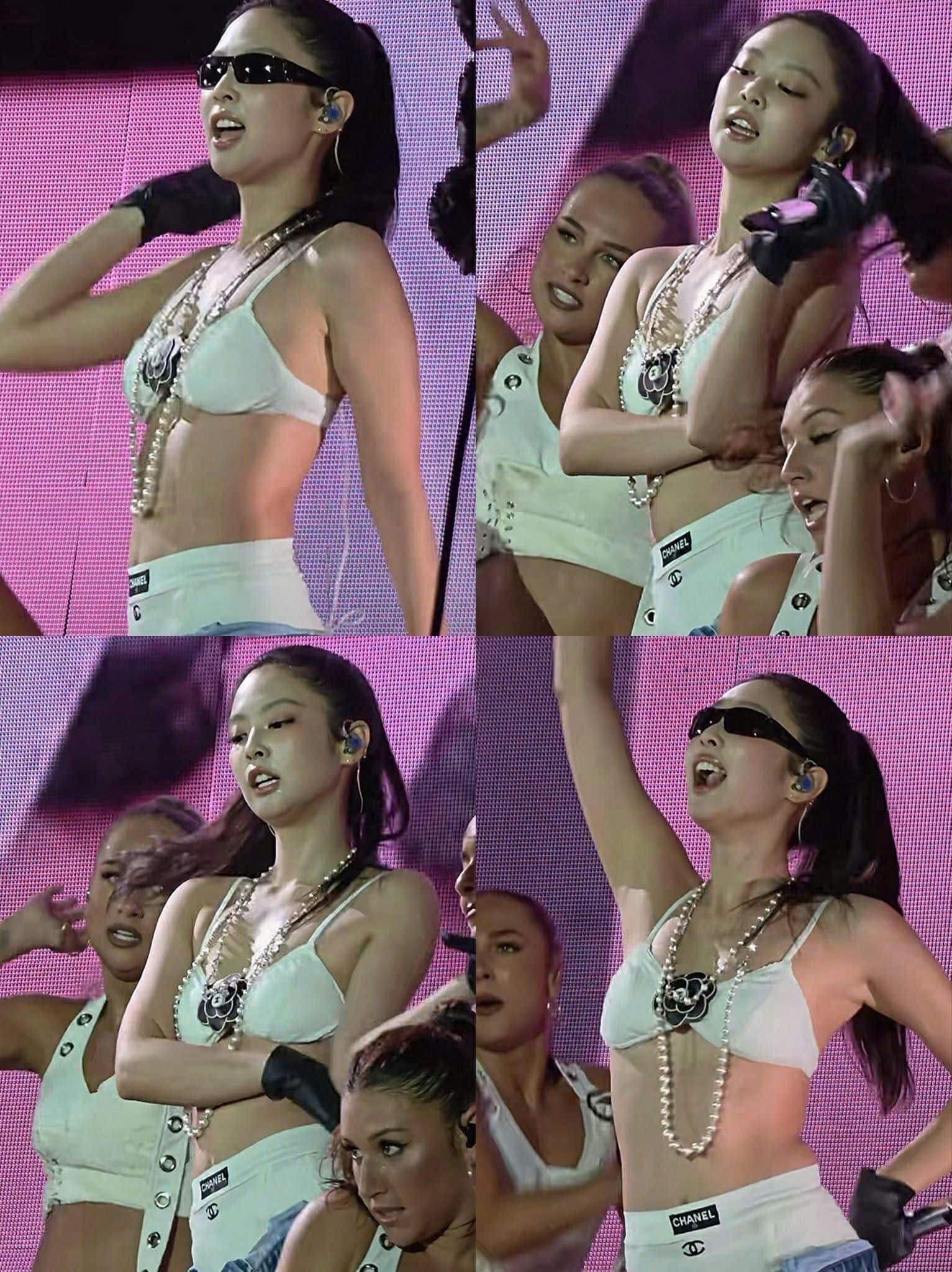 people-Jennie Kim (Blackpink)-A-stage performance-A-white bra top-A-pearl necklace-B-sunglasses-B-backup dancers-C-cropped top-C-Chanel branding
