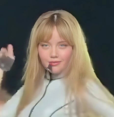 people-young woman-A-blonde hair-A-light blue eyes-A-white futuristic outfit-A-dark background