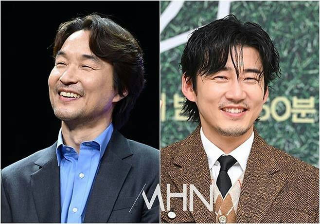 people-South Korean male actor/director-smiling-laughing-black hair-brown tweed jacket-blue collared shirt
