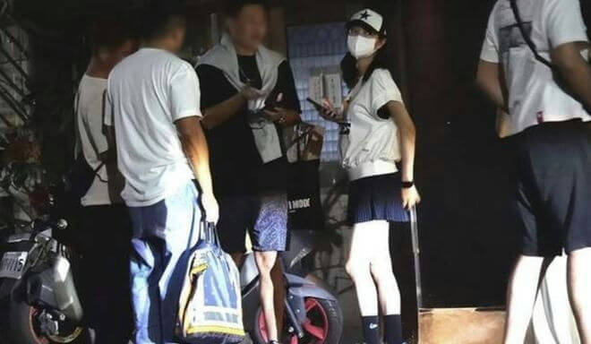 people-woman in mask and cap-A-short skirt-A-white top-B-men in casual wear-C