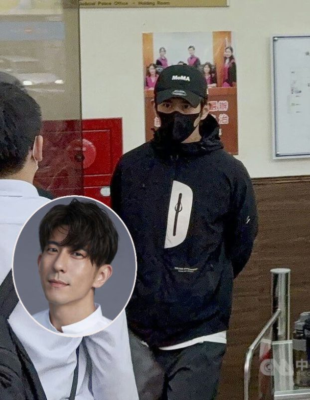 people-man in black outfit and cap-A-wearing face mask-A-inset photo of celebrity-B-indoor setting with sign-C