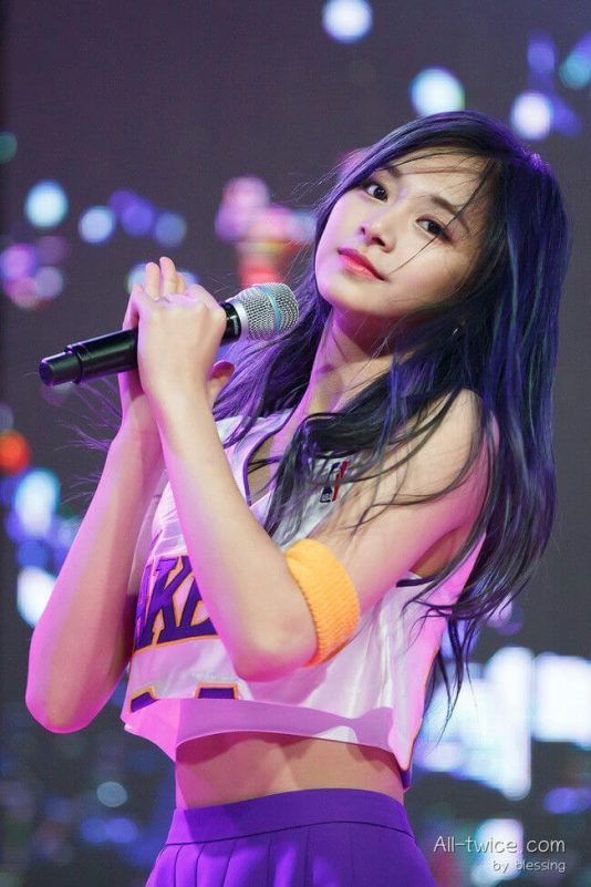 people-Tzuyu (TWICE)-singer-A-microphone-A-stage performance-A-crop top-B-athletic wear-B-purple skirt-C