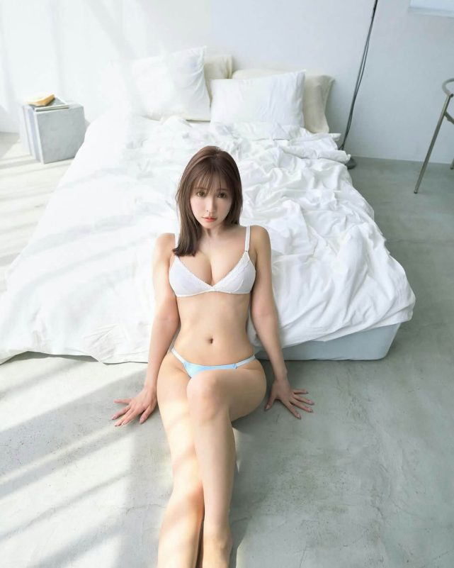 people-woman-A-lingerie-A-bedroom-A-sitting on floor-B-white bedding-C