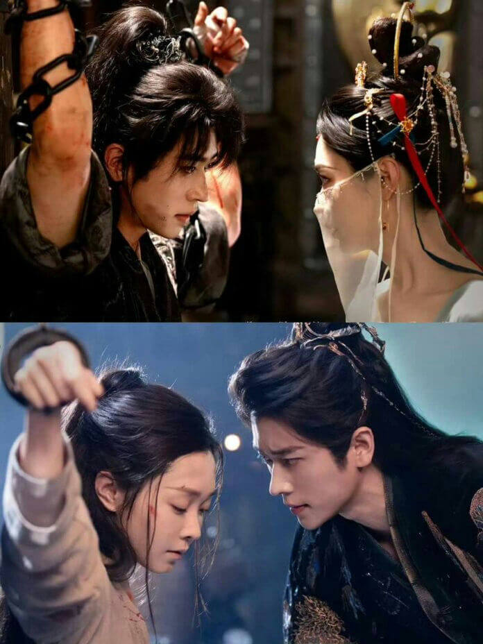 people-Two couples from C-drama-A-dramatic confrontation-A-chains and bondage-B-elegant veiled woman-C-intense gaze