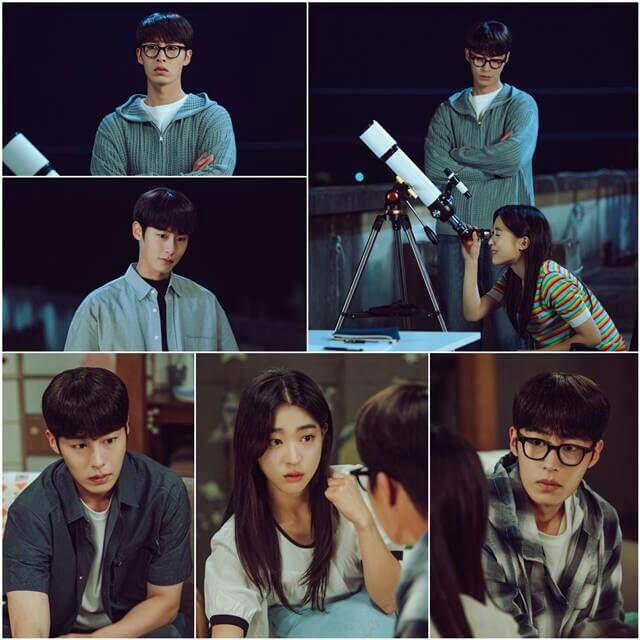 people-two men and one woman-observing the sky-A-telescope-B-indoor conversation-C-eyeglasses