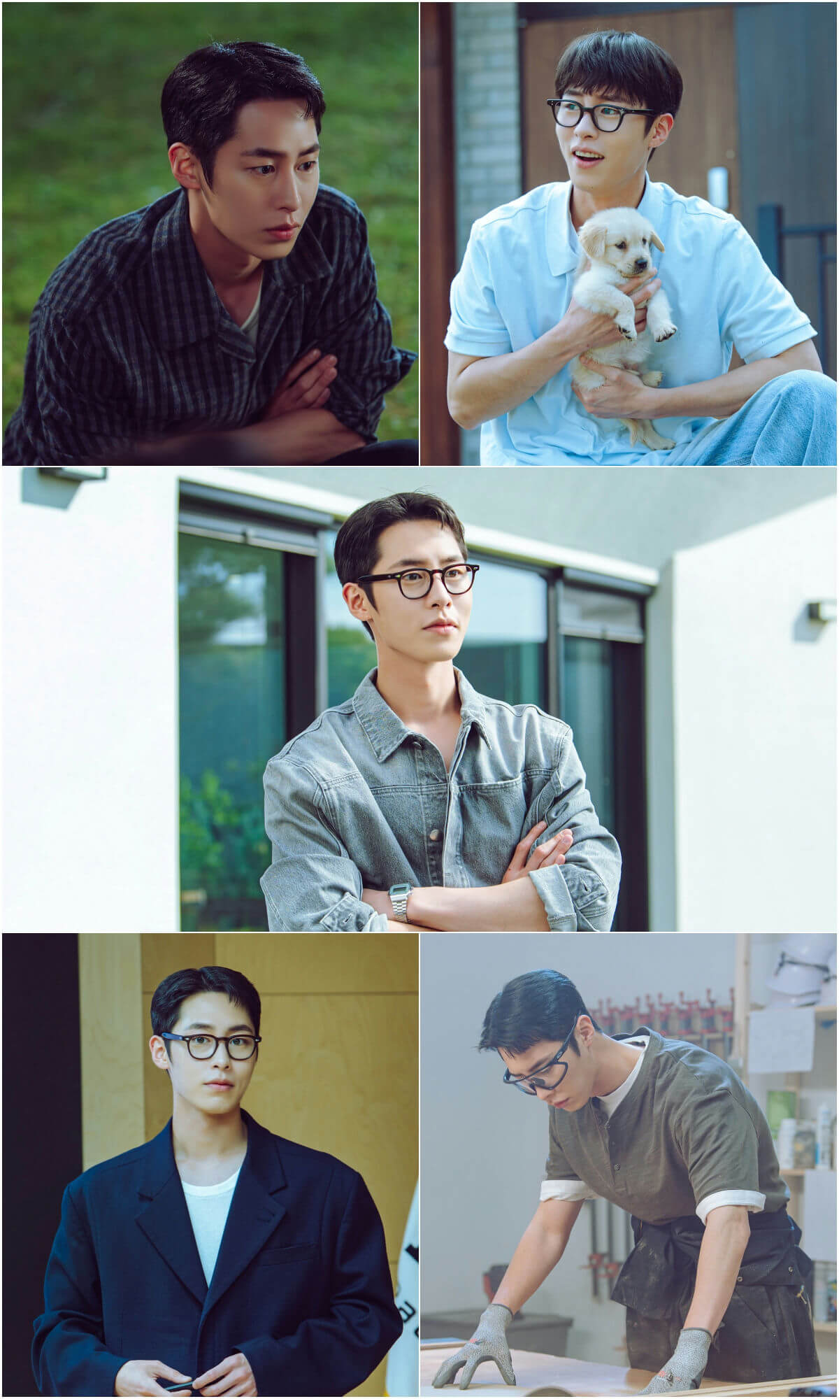 people-one man-A-Korean actor-A-wearing glasses-B-various outfits-C-holding a puppy