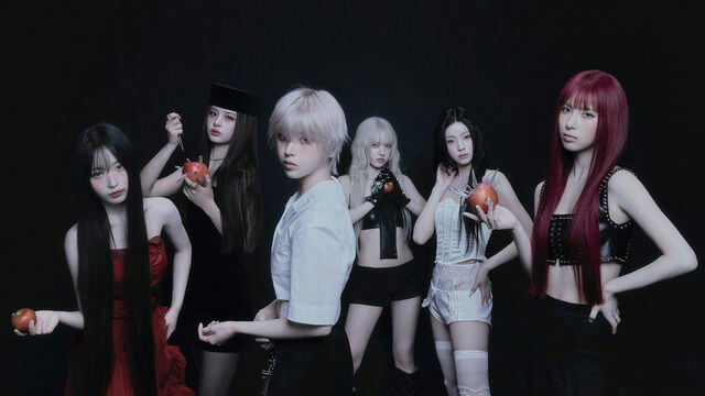 people-6-girl-group-A-dark-background-A-apple-A-red-dress-B-white-hair-B-black-outfit-C-red-hair-C