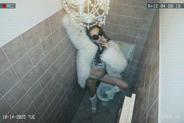 people-One female-A-smoking-A-wearing white fur coat-A-wearing sunglasses-A-sitting on a toilet-A-in a tiled room-A-CCTV footage style