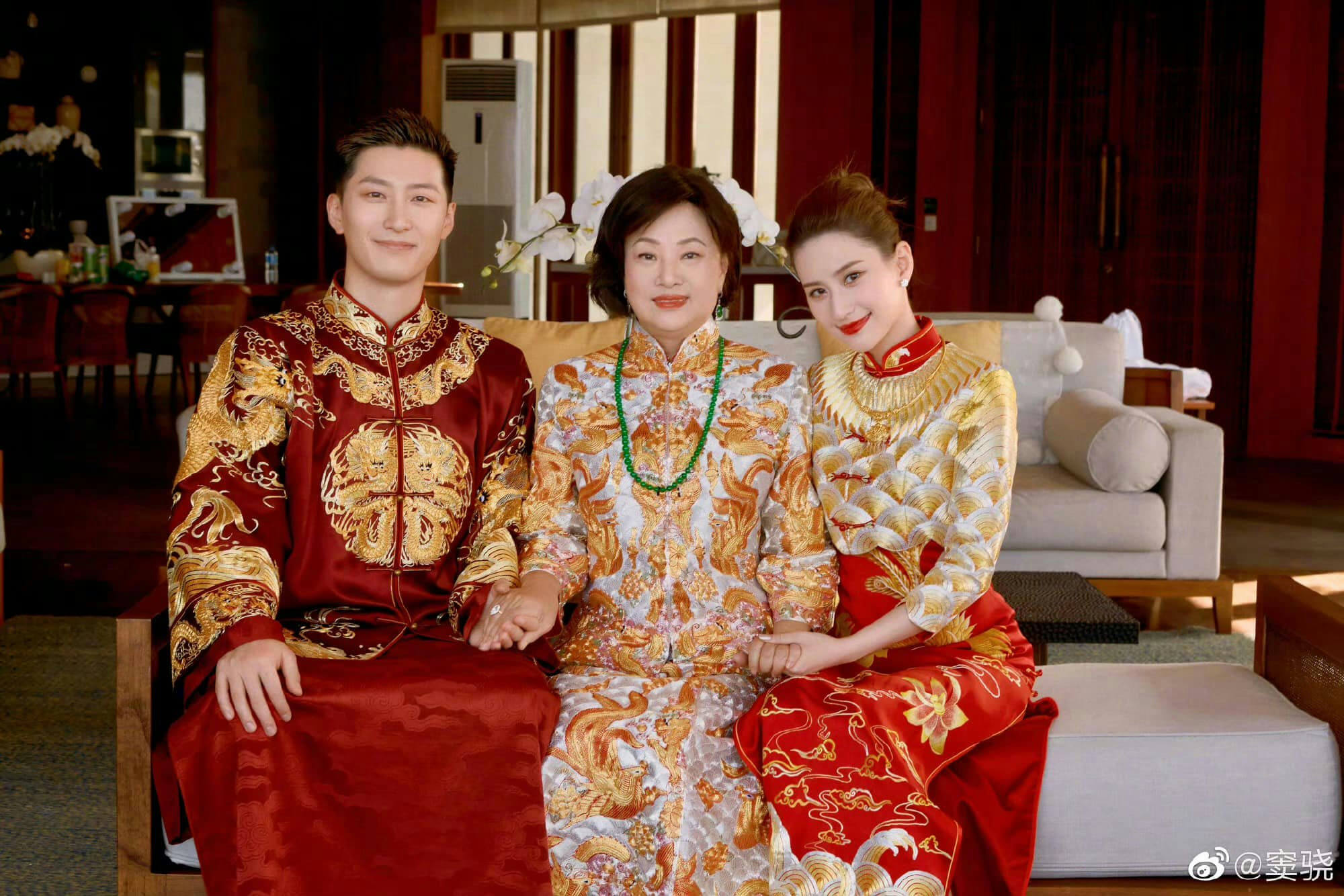 people-three-Chinese wedding attire-A-gold embroidery-B-red and white/gold fabric-C-mother and couple