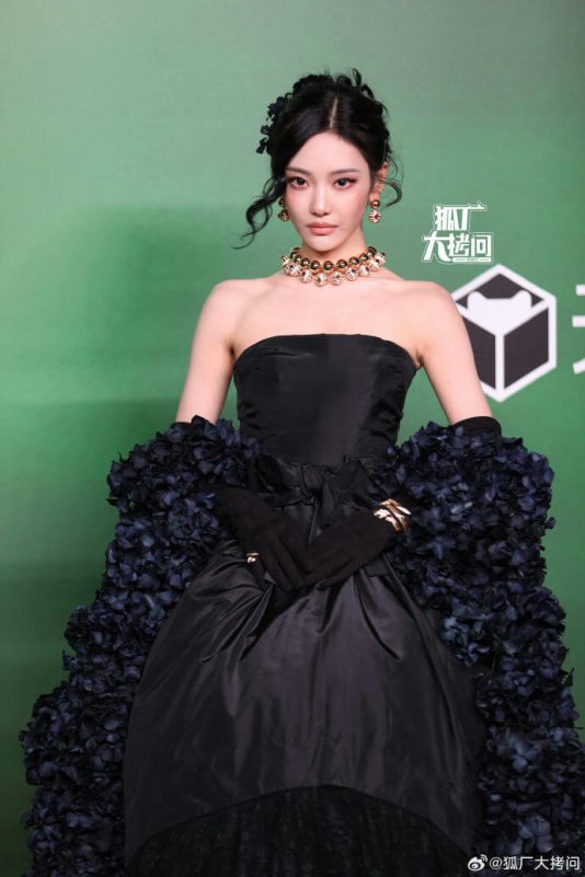 people-female-fashion-A-black gown-B-jewelry-C-green background
