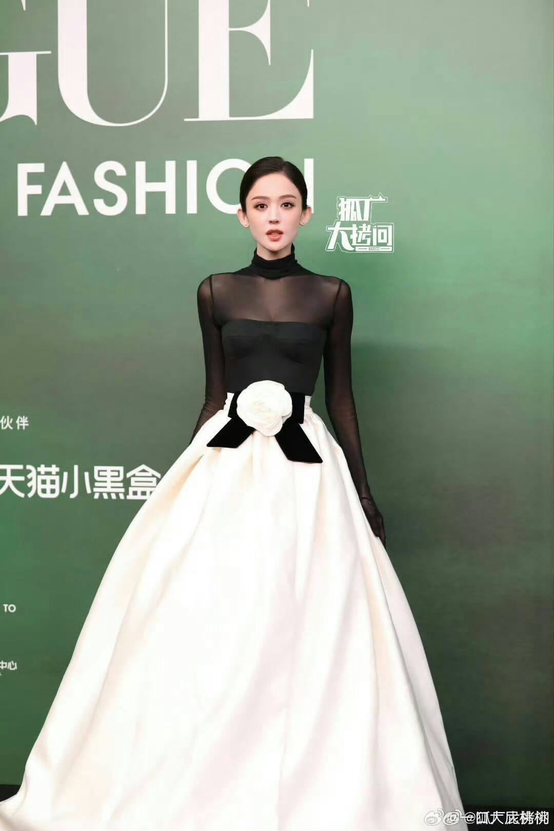 people-female-actress-dress-black and white gown-high neck sheer top-large white flower embellishment