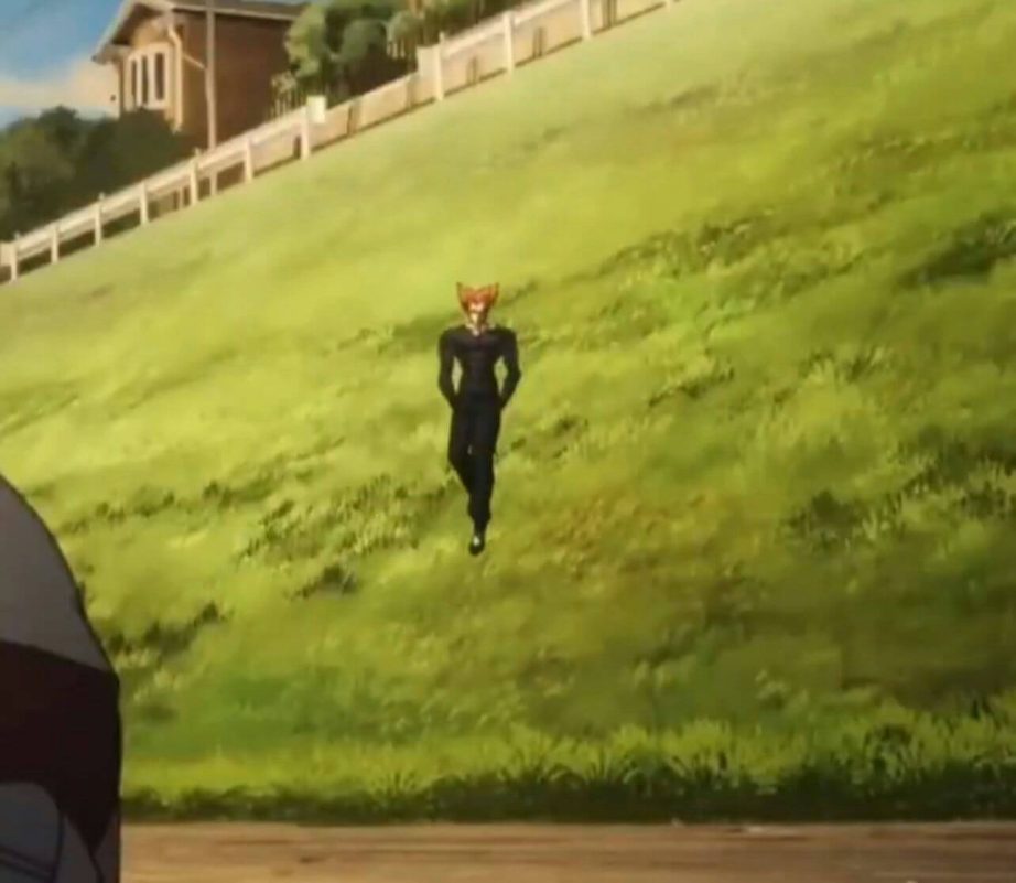 people-Garou (from One-Punch Man)-walking-grass hill-house fence-anime style
