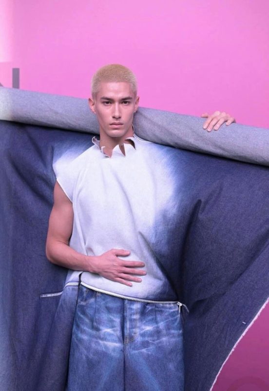 people-A-male model-A-blond buzz cut-B-denim attire-C-pink background
