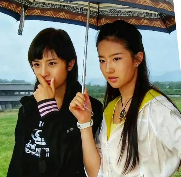 people-two young women-A-holding an umbrella-B-wearing casual clothes-C-standing outdoors