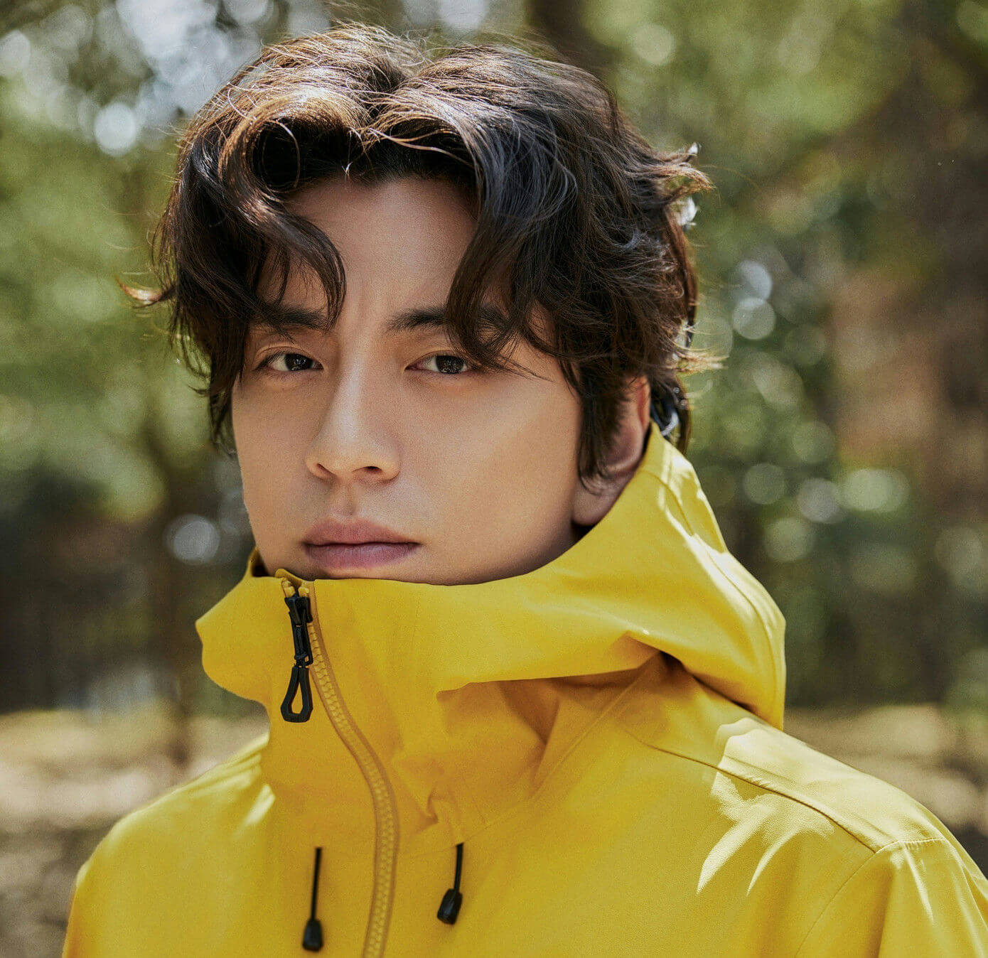 people-man-A-yellow jacket-A-outdoor-A-dark hair