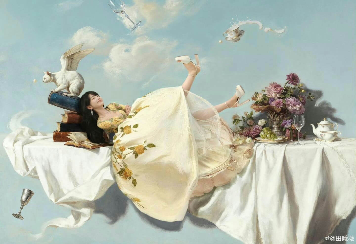 people-woman-reclining-table-winged cat-books-flying objects
