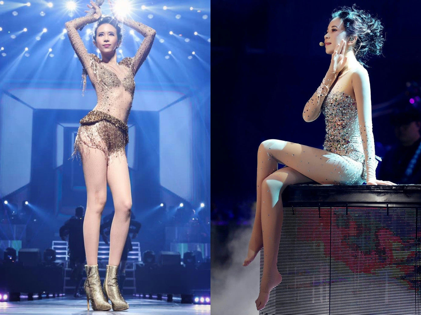 people-A-female singer-A-stage performance-A-sequined bodysuit-A-fishnet stockings-B-high heels-C-sitting on stage equipment