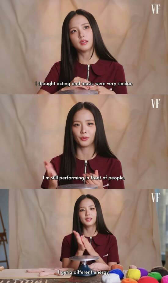 people-Jisoo (BLACKPINK)-interview-speaking-maroon top-long dark hair-VF logo