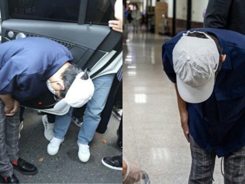 people-A-man bowing deeply-A-outside a car on the left-B-inside a building/hallway on the right-C-wearing a blue shirt and plaid pants