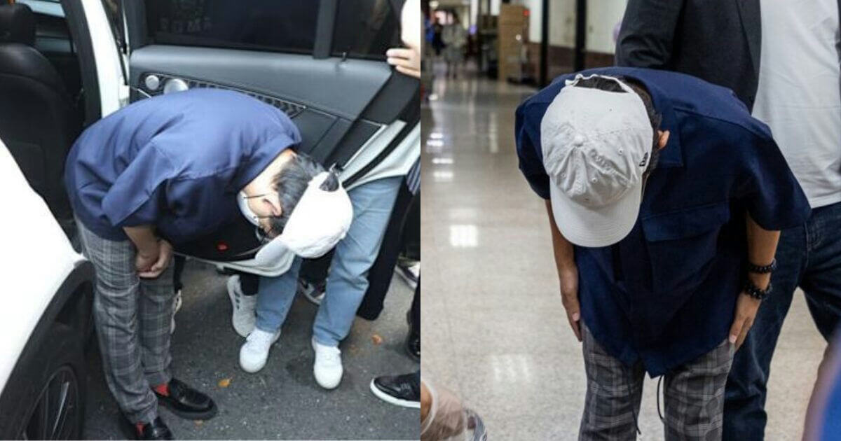 people-A-man bowing deeply-A-outside a car on the left-B-inside a building/hallway on the right-C-wearing a blue shirt and plaid pants