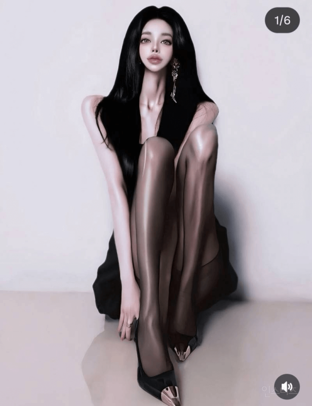 people-woman-A-black hair-A-shiny black stockings-A-high heels with metal toe-A-golden dangling earring