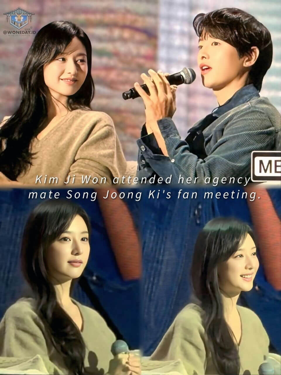 people-Kim Ji Won-smiling-Song Joong Ki-holding microphone-fan meeting-agency mates