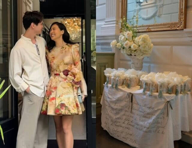 people-A-couple-A-smiling-A-looking-at-each-other-B-floral-dress-B-white-shirt-C-event-decor-C-white-flowers-C-gifts