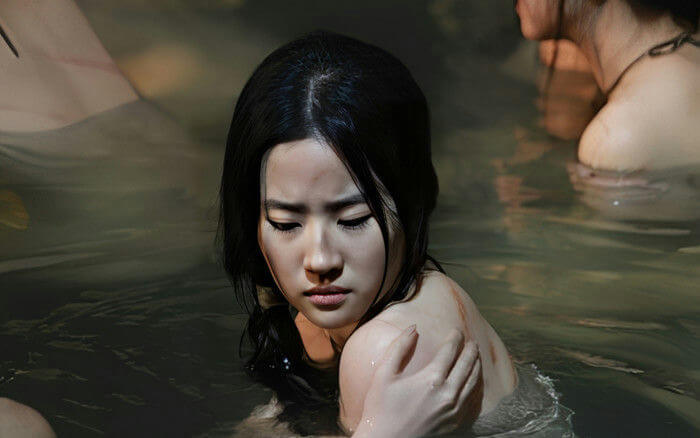 people-Woman-Asian-A-submerged-A-dark-water-B-pensive-expression-C-scars-on-skin